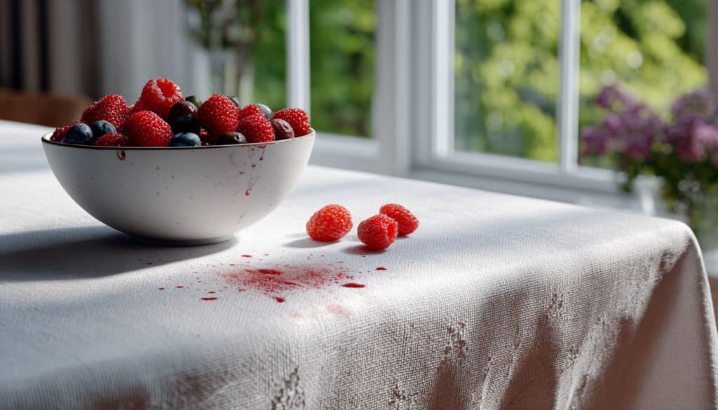 Nappe avec une tâche de fruits rouges et un bol de fruits rouges