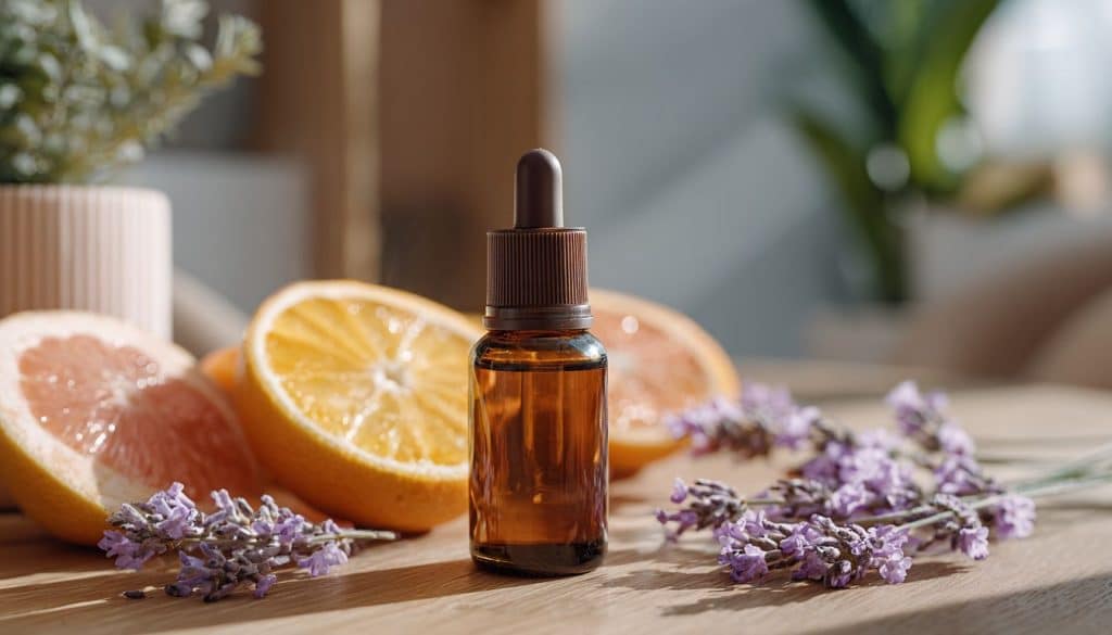 Flacon d'huiles essentielles entouré d'ingrédients naturels
