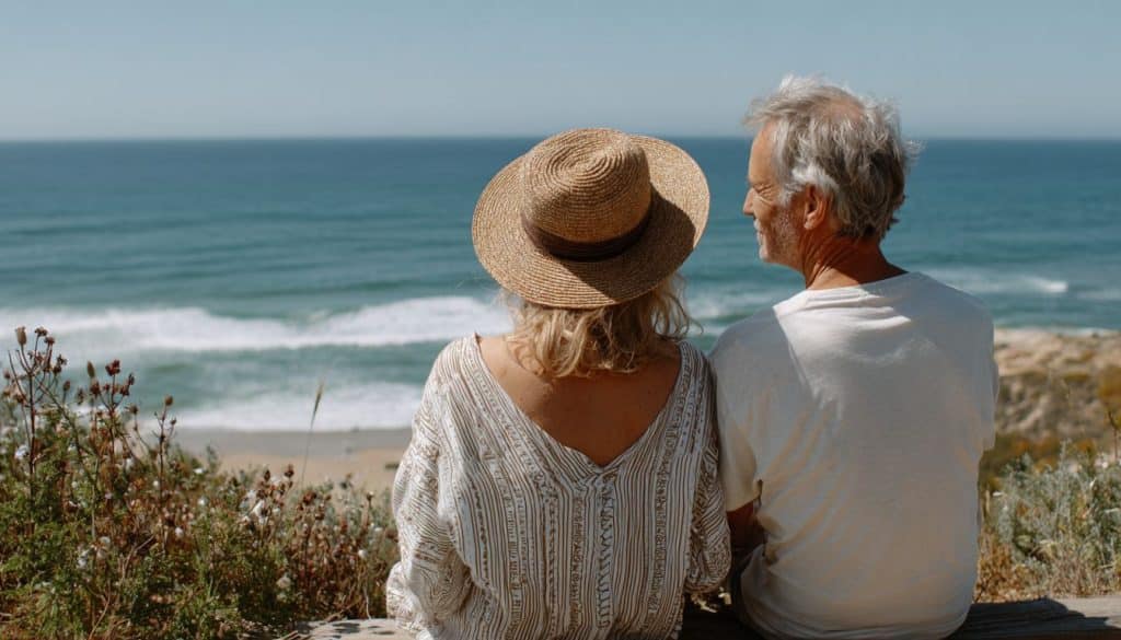 Couple vu de dos, assis en haut d'une dune face à la mer
