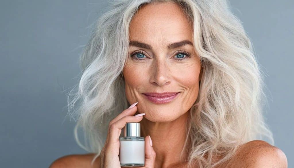 Femme mature tenant un sérum anti-âge dans les mains