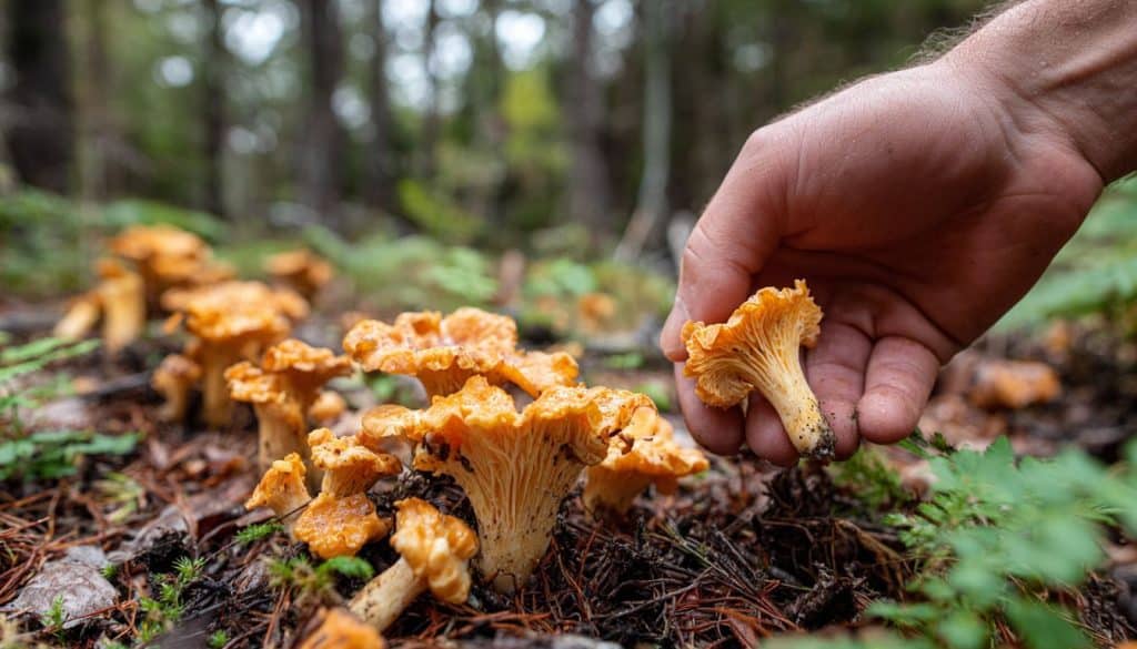 une main en train de cueillir des giroles pour illustrer un article sur la cueillette de champignons