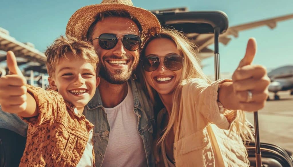 une famille souriante qui part en vacances de la toussaint