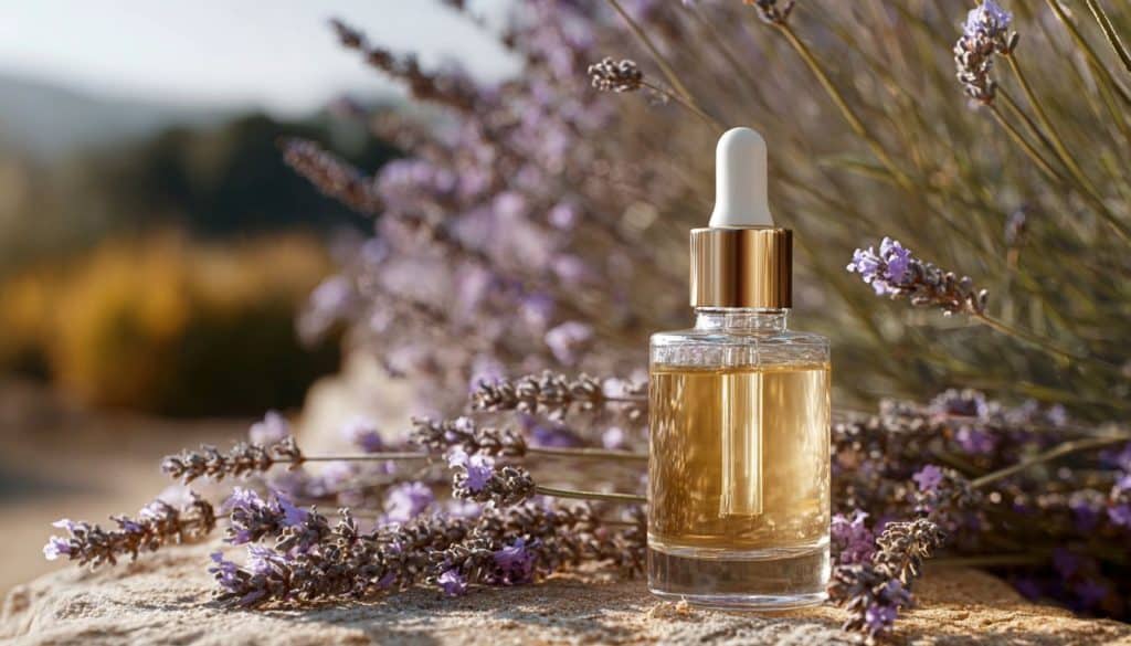 un flacon d'huiles essentielles relaxantes devant un buisson de lavande
