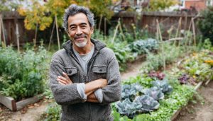 un homme souriant devant son potager en octobre