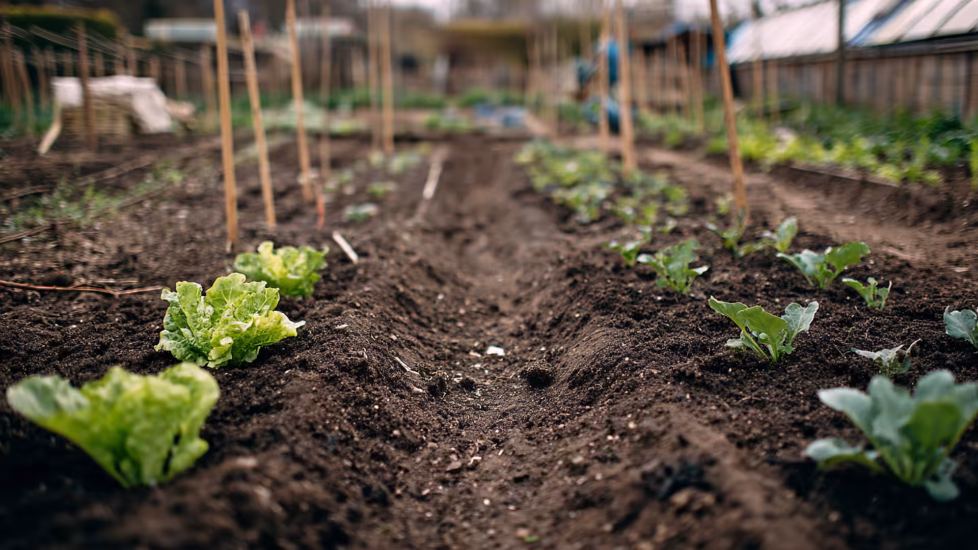 Jeunes semis de légumes alignés dans un potager en mai, sol fraîchement travaillé, lumière naturelle de printemps.
